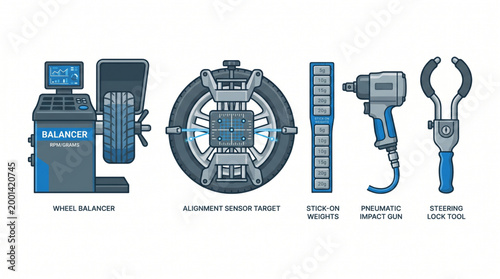 Essential set of car service tools for professional automotive shops, including wheel balancer, alignment system, impact gun, and specialized hand tools