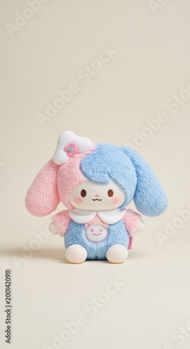 Cute white rabbit doll with blue and pink hair