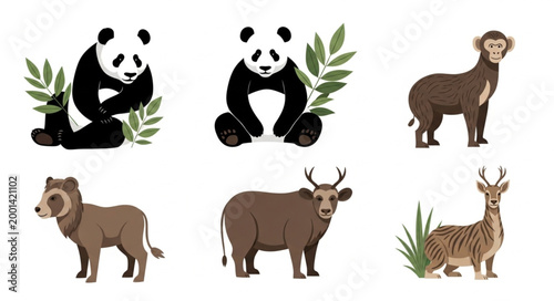 Collection of Six Diverse Animals Including Pandas Deer and Other Wildlife.