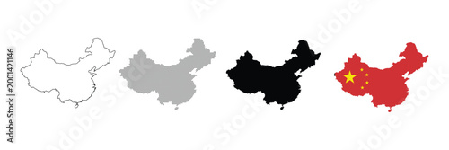 Set of china map icons, including outline, dotted, silhouette and flag styles, vector illustration