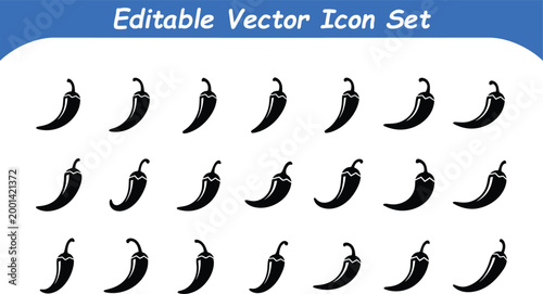 Spicy chili pepper and jalapeno silhouette vector icon set with vegetable
