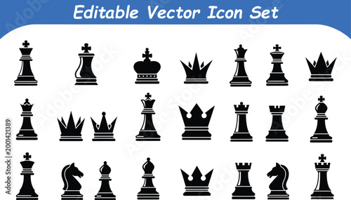 Strategic chess piece and monarch crown silhouette icon set with strategy
