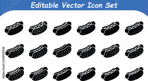 Set of hot dog fast food snack silhouette vector icons with silhouette, barbecue