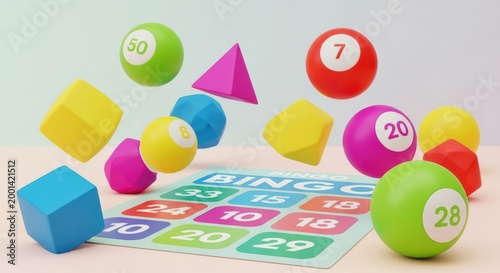 Colorful bingo balls and card on table