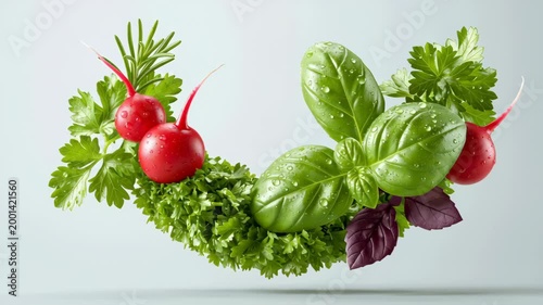 Fresh herbs and vegetables including basil, parsley, and radishes arranged in a dynamic flowing composition against a light background, showcasing vibrant colors and textures