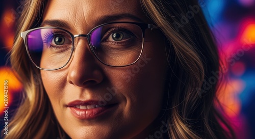 Pixelated woman with glasses and colorful background