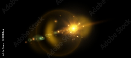 Foto Majestic golden lens flare with halo rings, colorful chromatic aberration and st