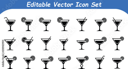 Set of various cocktail glass silhouette icons for beverage menu design