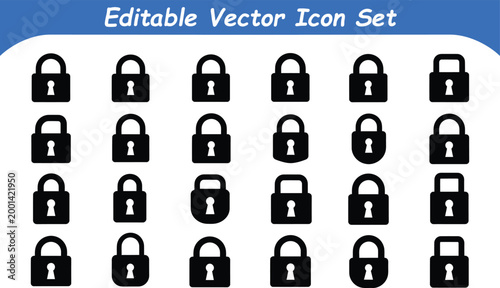 Collection of various padlock silhouette icons representing security
