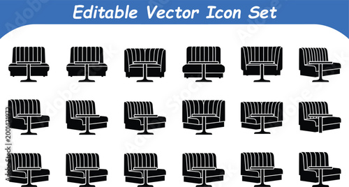 Set of various booth table silhouette icons for interior design with restaurant