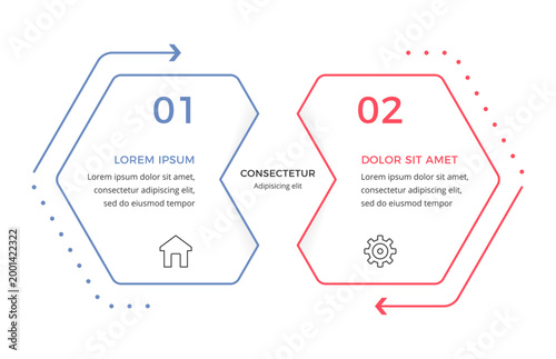 Infographic template with two hexagonal shapes for business presentations, venn diagram, comparison concept, two steps process