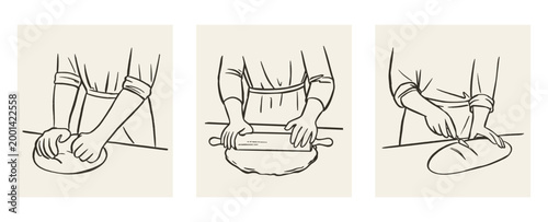 Making bread dough process set. Hand drawn crayon style vector.