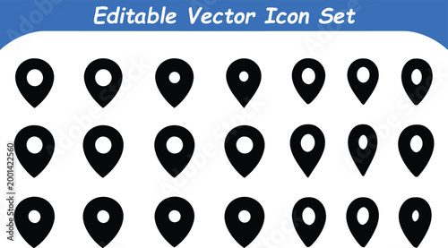 Set of black map pointer location markers and navigation pins with location