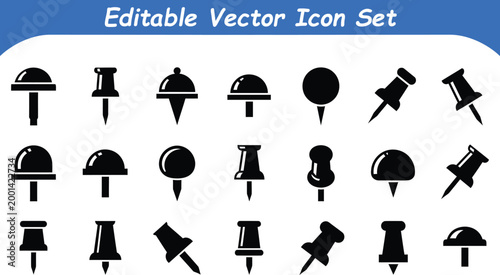 Set of thumbtack and push pin icons for office and planning with thumbtack