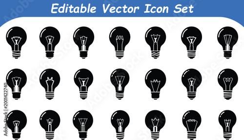 Set of black light bulb icons for creative idea and electricity concepts