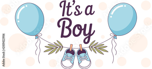 It is a boy baby shower greeting card banner featuring blue balloons hanging shoes and tropical leaves vector illustration