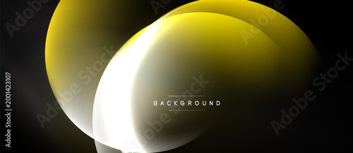 Abstract design features overlapping yellow, white shapes. Gradient effect creates soft glow, modern aesthetic. Dark background emphasizes forms.