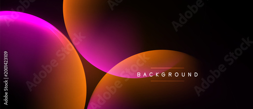 Abstract shapes overlap, creating vibrant color gradients. Dark background emphasizes glowing orange, purple hues. Minimalist design.