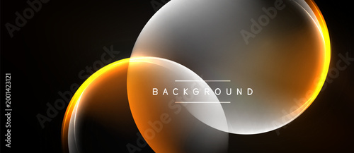Abstract design features glowing orange curves over gray, white layers. Dark background enhances luminosity, creating modern visual effect.