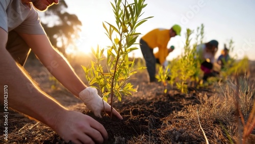 Volunteers planting trees together in a forest field, concept of environmental cleanup effort, environmental conservation and community service. Volunteers planting young trees in a field.