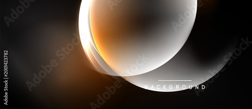 Abstract design features curved lines, warm colors, light effects. Minimalist composition creates modern visual impact. Dark background enhances glow.