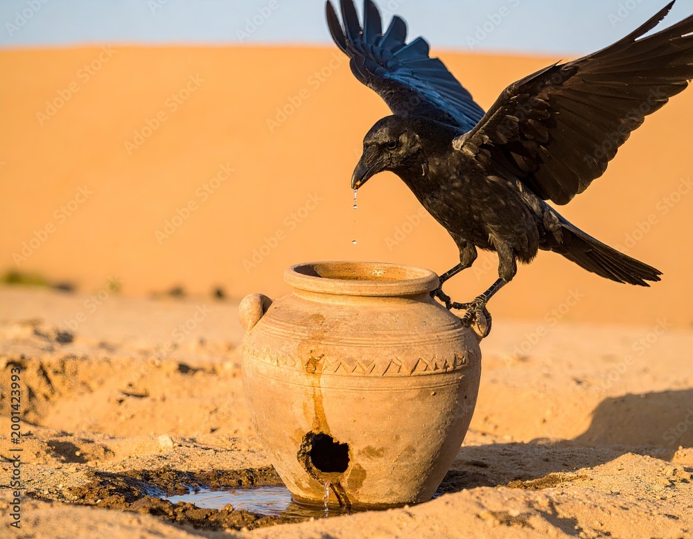 Fototapeta premium Thirsty Crow Drinking Water from a Broken Clay Pot in the Desert