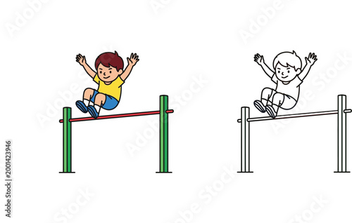 Boy Jumping Over High Jump Bar Vector Illustration, Cartoon Kid Athlete Vaulting Over Horizontal Bar, Colored and Black and White Line Art for Coloring Book and Kids Sports Activity