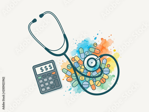 Conceptual Illustration of Rising Medical Costs with Stethoscope, Calculator, and Pills Representing Healthcare Expenses and Insurance