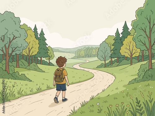 Young Boy with Backpack Hiking on a Winding Path through a Green Forest Illustration. Adventure and Exploration Concept for Children's Books and Educational Material.