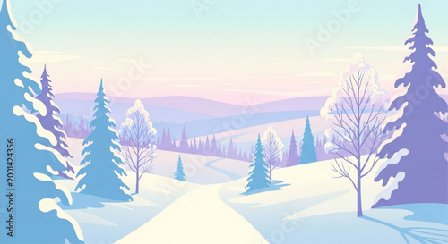A serene winter landscape illustration featuring a snow-covered road surrounded by trees and hills under a pastel colored sky vector