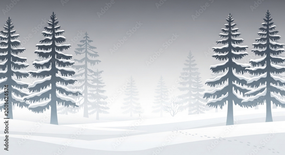 Fototapeta premium A minimalist vector graphic illustration of a serene winter landscape with snow-covered pine trees on a foggy day vector
