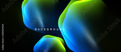 Abstract fluid shapes overlap, creating vibrant blue, green gradients. Dark background emphasizes luminous forms. Text reads BACKGROUND.