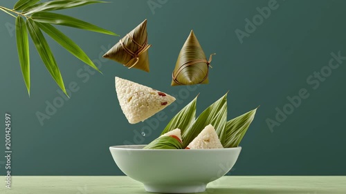 Rice dumplings wrapped in bamboo leaves float above a white bowl, showcasing a dynamic arrangement of traditional Asian cuisine against a green background