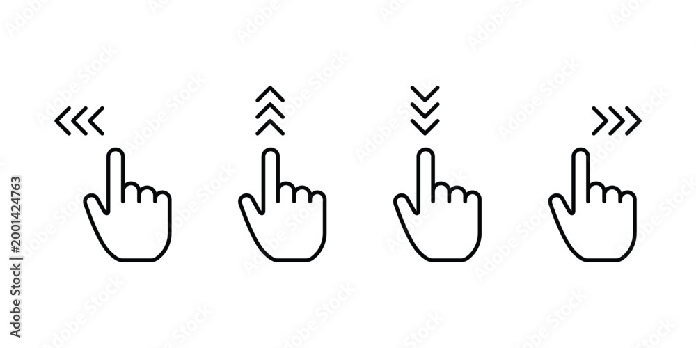 Fototapeta premium Swipe icon set. Hand finger gesture icon set. Slide up down left right finger signs. Clicking hand pointer finger icon set