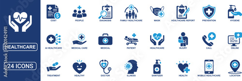 Healthcare Solid Icon Set Featuring Medical Treatment Prevention Diagnosis Patient Care Health Report Illness Injury Family Healthcare and Clinical Services Vector Icons Collection