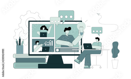 Business team online. People work together, brainstorming online using the internet and gadgets.eps