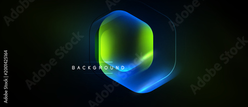 Hexagon shape glows with vibrant blue, green hues. Dark background emphasizes luminous design. Text reads background. Modern, abstract visual.