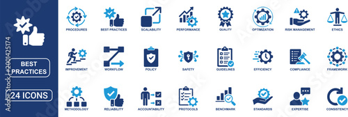 Best Practices Solid Icon Set Featuring Workflow Guidelines Performance Standards Improvement Protocols Procedures Methodology Compliance and Quality Management Vector Icons Collection