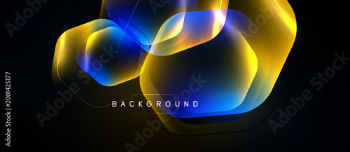 Abstract shapes overlap, creating vibrant glowing effect. Dark background emphasizes bright colors, modern design element.