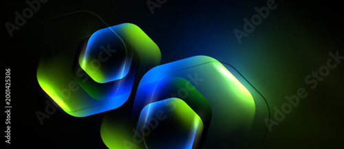 Abstract hexagons overlap, creating vibrant blue, green glow. Dark background emphasizes luminous shapes, modern design element.