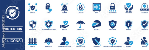 Protection and Security Solid Icon Set Featuring Shield Lock Safe Alarm Guard Fence Umbrella Password Antivirus Safety Defense and Access Control Vector Icons Collection