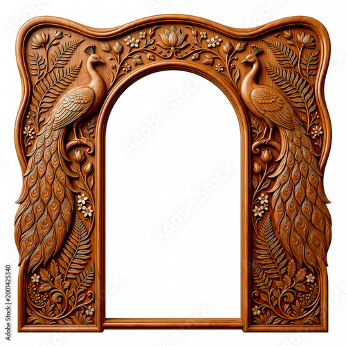 wooden frame with intricate peacock carvings and floral designs on transparent background high quality professional detailed modern elegant stylish clean crisp