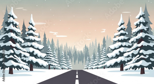 A serene winter landscape illustration of a snow-covered road surrounded by evergreen trees under a warm sunset sky with a subtle snowfall vector
