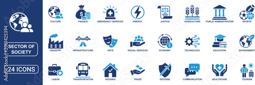 Sector of Society Solid Icon Set Featuring Agriculture Education Healthcare Energy Technology Transportation Economy Infrastructure Arts and Public Services Vector Icons Collection