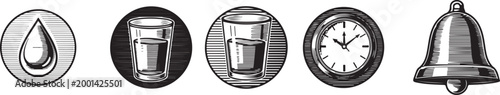 Set of vintage engraved style icons depicting water drop glass clock and ringing bell symbols.