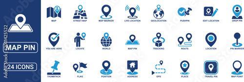 Map Pin and Location Solid Icon Set Featuring Map Marker Address Position GPS Tracking Geolocation Route Navigation Place Finder and Travel Pin Vector Icons Collection