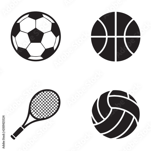 Sports equipment and balls silhouette icons, isolated on white, graphic design elements