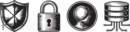 Collection of security and data themed icons featuring shield lock head and server equipment.