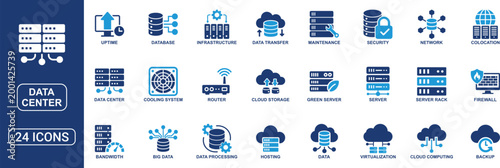 Data Center Solid Icon Set Featuring Server, Hosting, Infrastructure, Cloud Storage, Backup, Virtualization, Data Processing, Bandwidth, Network and Server Rack Vector Icons Collection