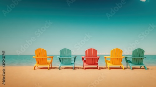 Colorful Beach Chairs in a Row Facing the Calm Ocean on a Sandy Shore